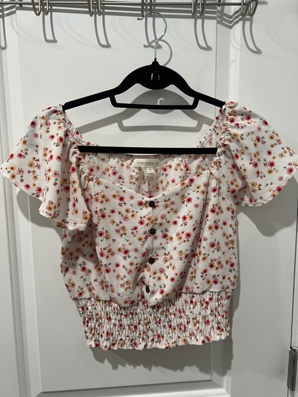 Monteau White Floral Smocked Crop Top with Pink & Yellow Flowers Size Small